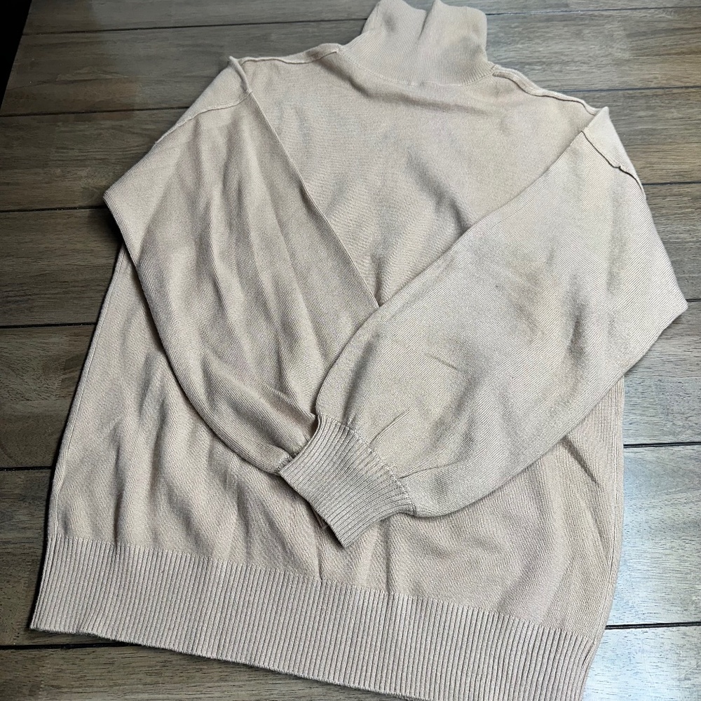 Khaki Turtleneck Relaxed Fit Exposed Seams Tight and Rib Knit Soft